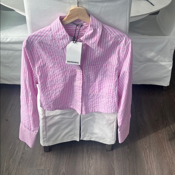 Bershka Pink & White Striped Button-Up Crop Shirt - Picture 13 of 16